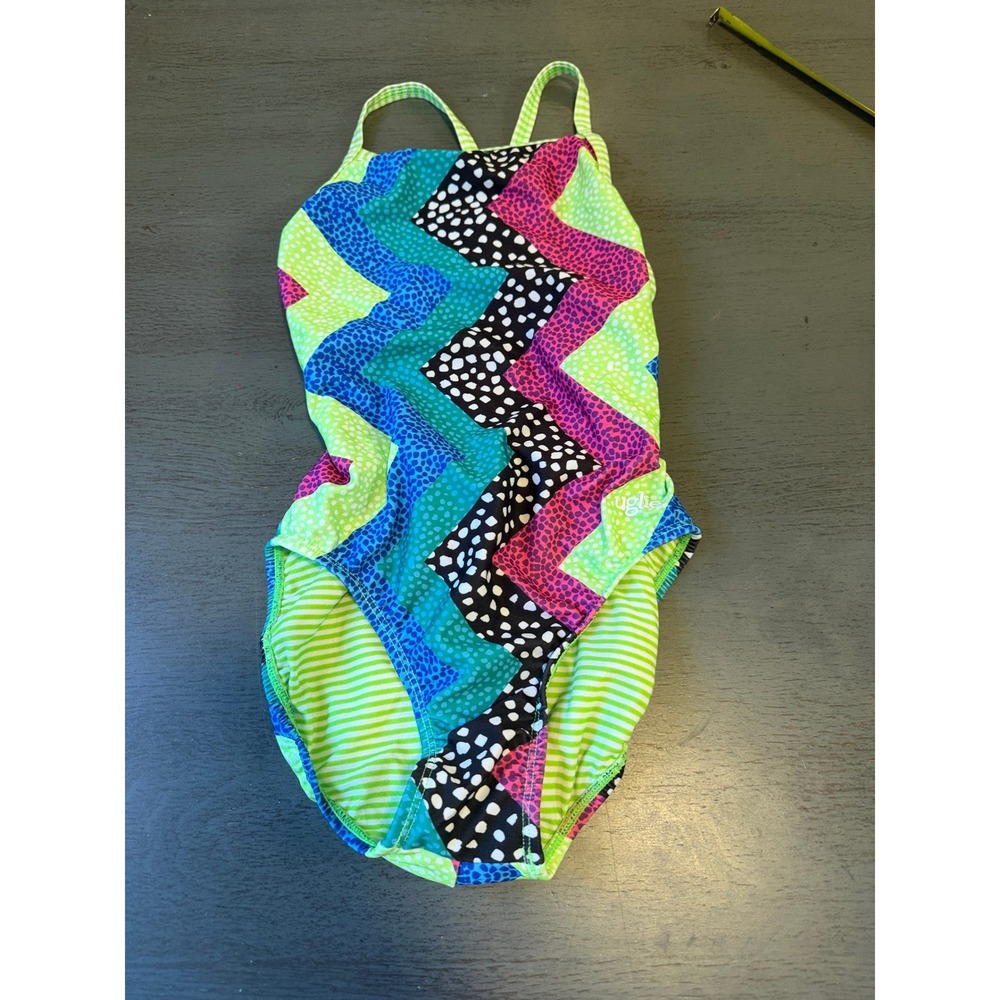 Dolfin Uglies V-2 Back One Piece Swimsuit Multi Color Chevron Geometric Size 34